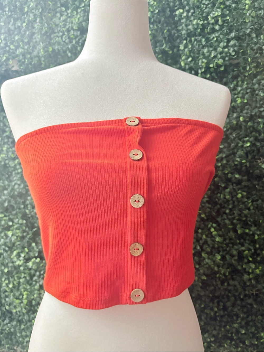 Revamped Orange Ribbed Strapless Button-Front Crop Tank